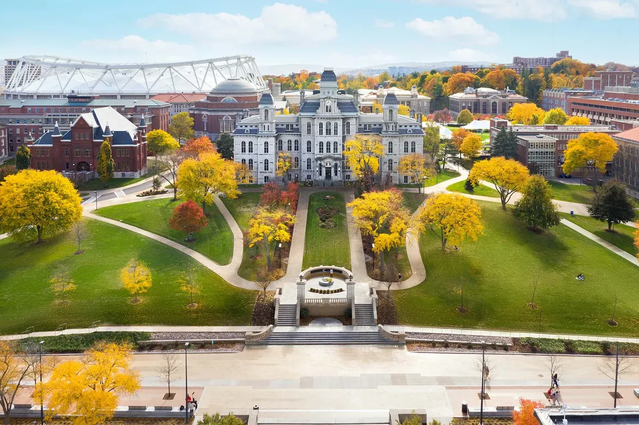 Overhead photo of campus features the Hall of Languages.